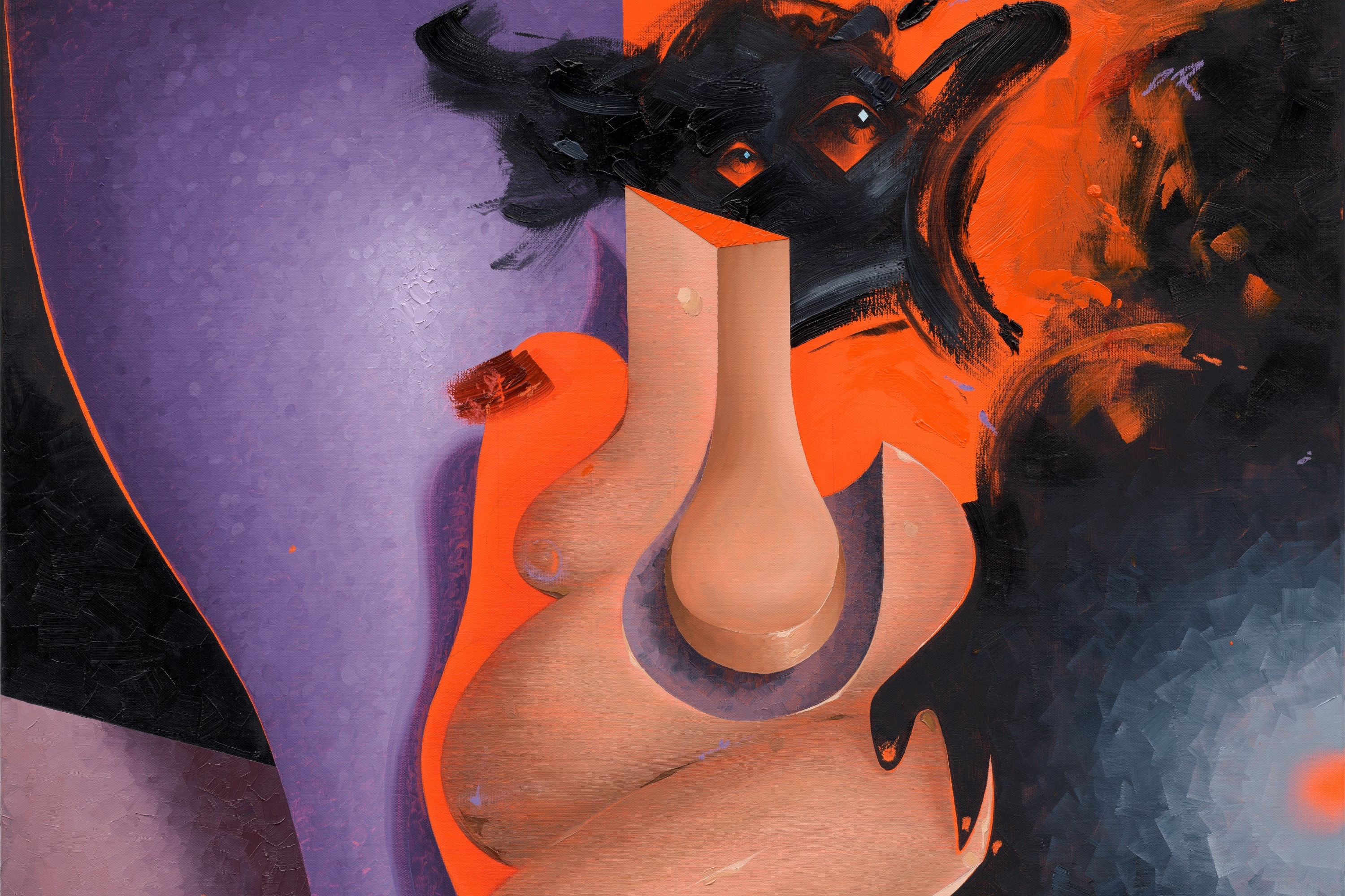 Abstract painting with a stylized figure and vibrant colors