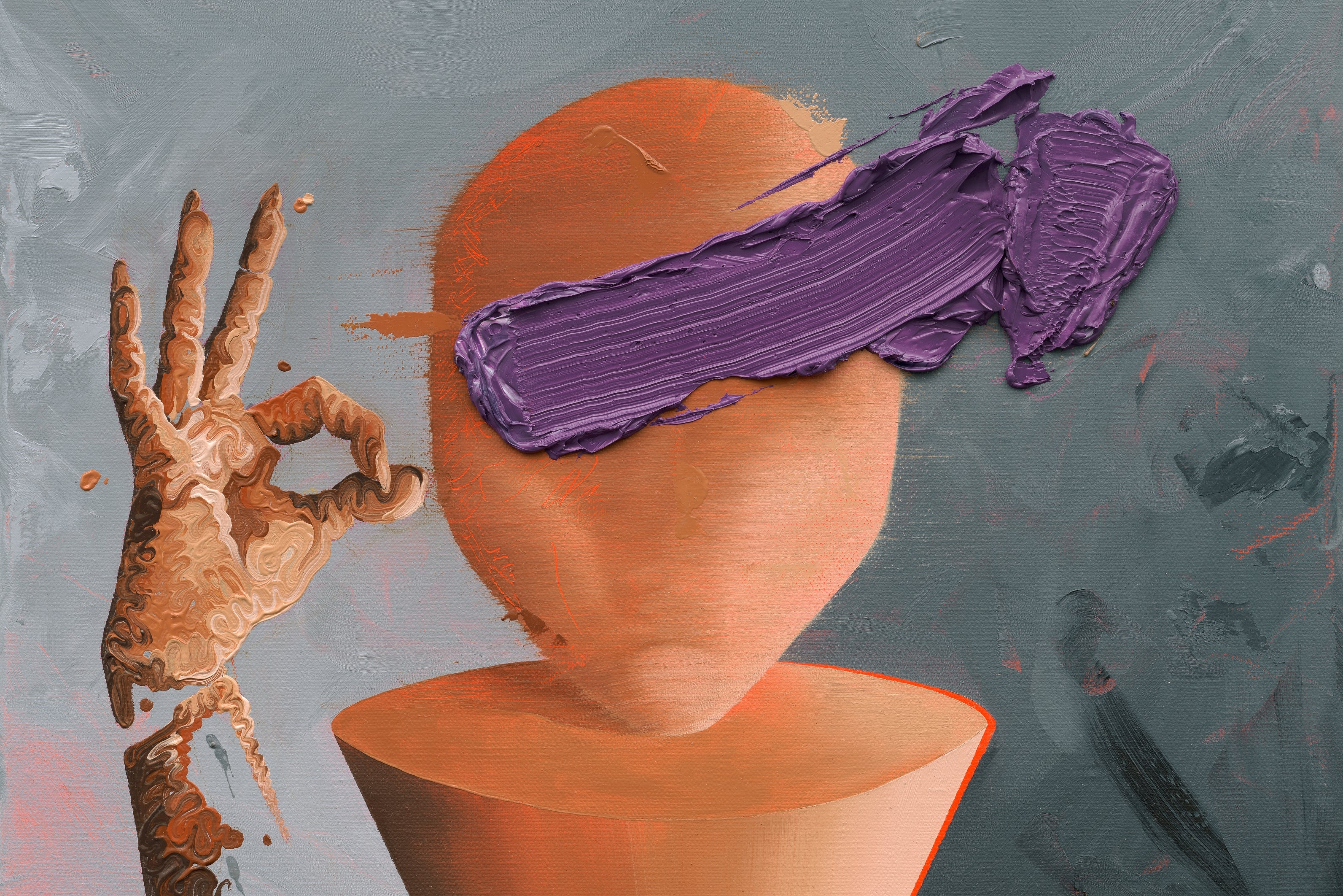 Abstract artwork with a hand, purple smear, and geometric shapes on a gray background